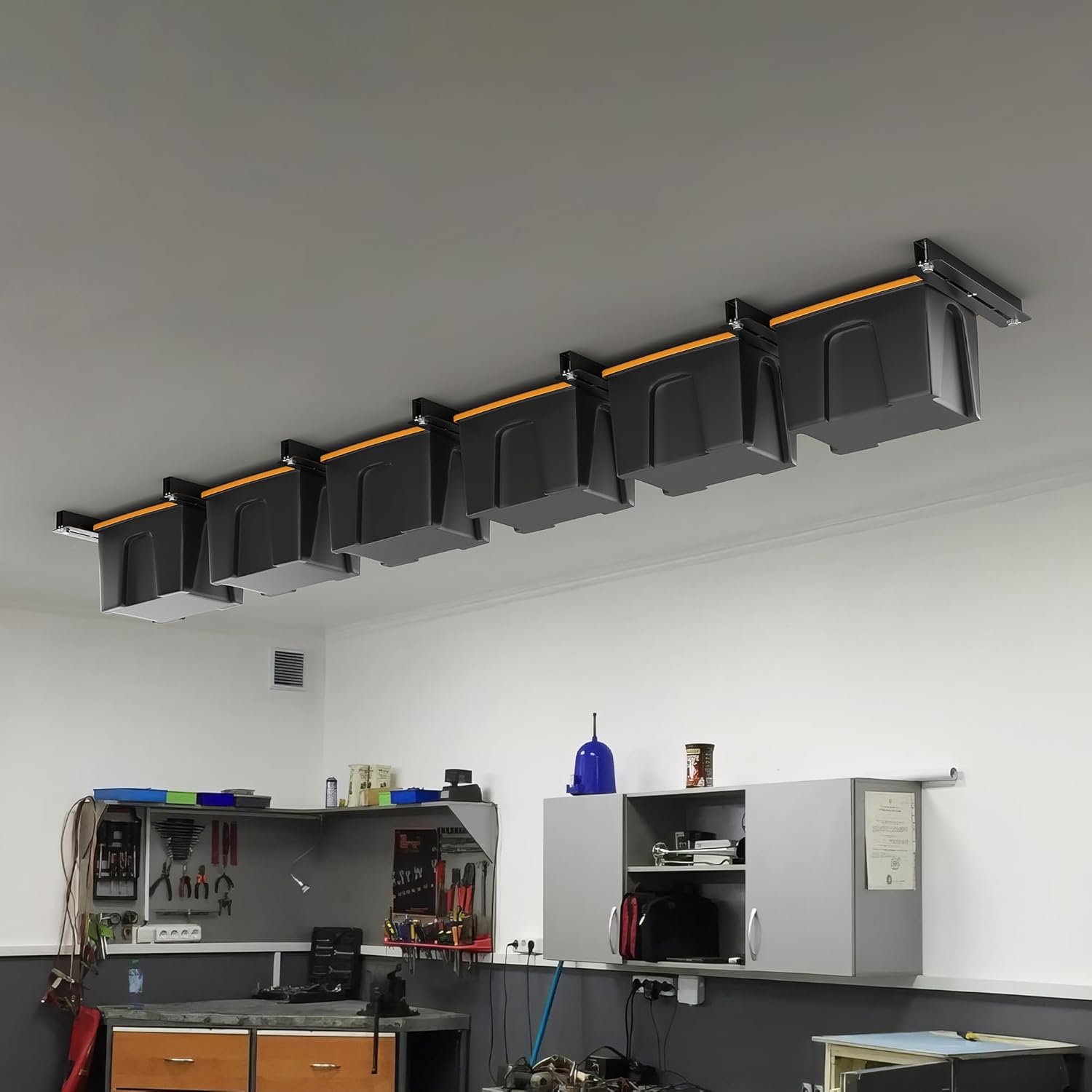 Ultrawall Overhead Garage Storage Racks - Heavy-Duty Ceiling Organizer for Bins | Adjustable Width (7 Pack, 6 Bins)