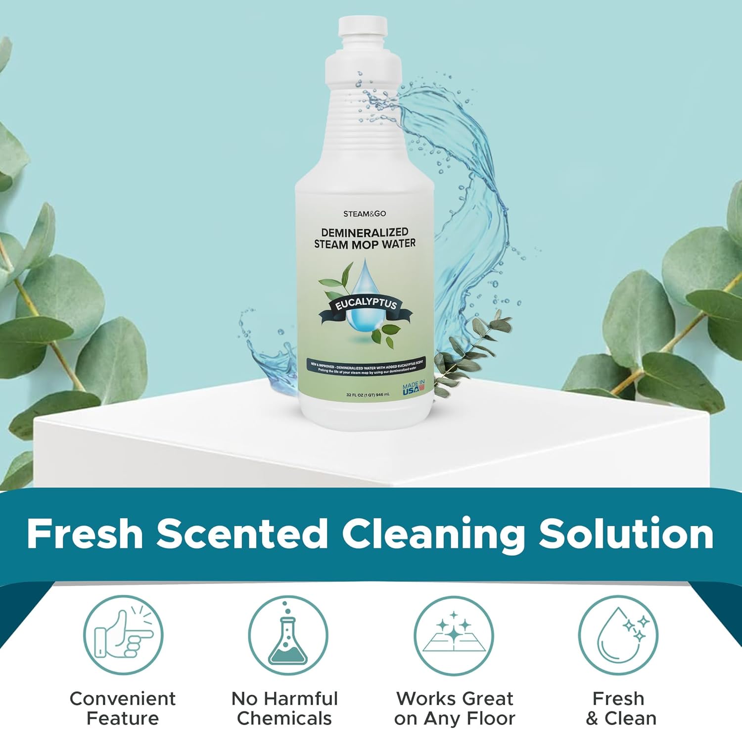 Steam & Go Demineralized Water - Eucalyptus Mint Multi-Surface Cleaner | 32 oz Ready-to-Use Solution