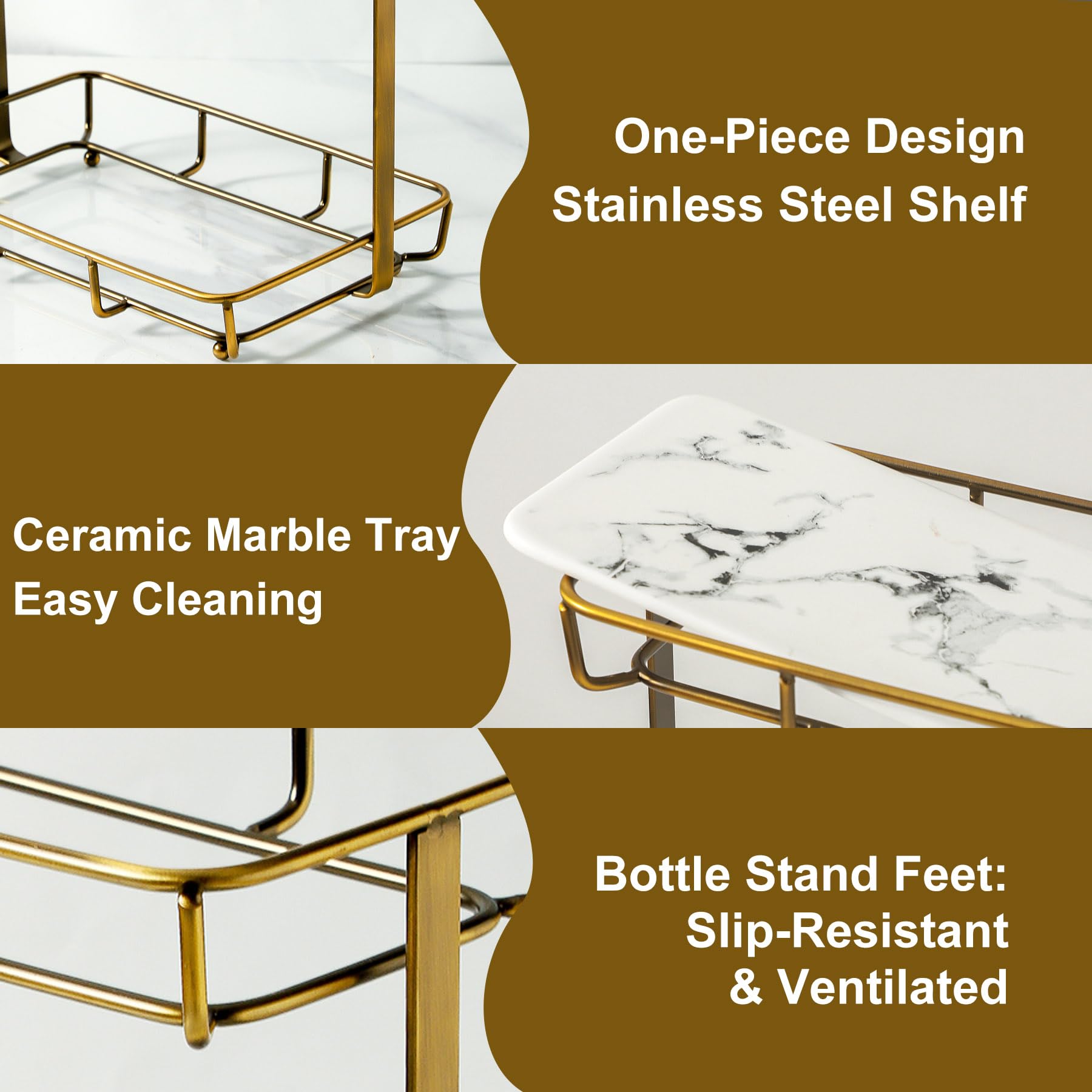 Bathroom Organizer Countertop Perfume Organizer Makeup Organizer Cosmetics Storage Display Rack Vanity Tray Dresser Stainless Steel Gold Shelf White Marble Ceramic Tray