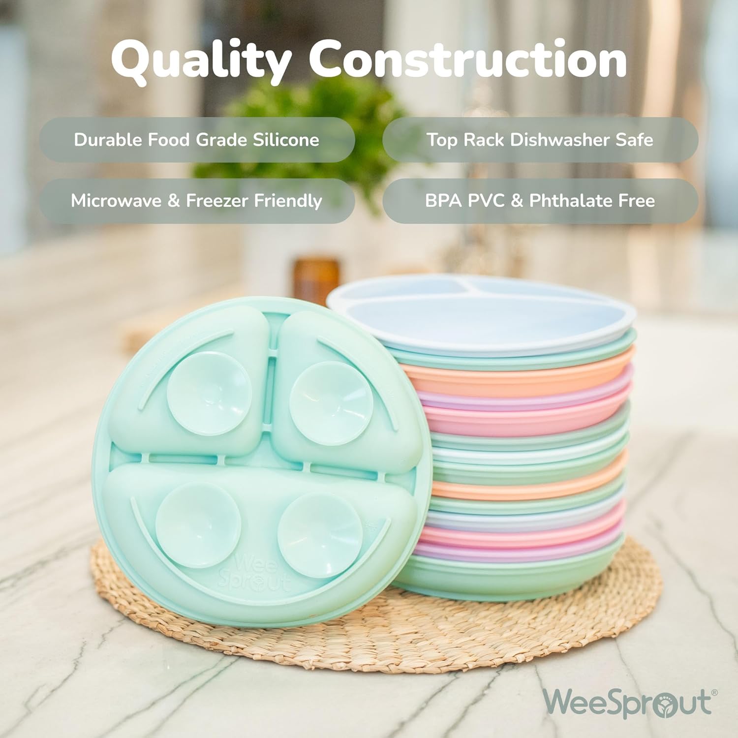 WeeSprout Suction Plates - 100% Silicone Dinnerware Set for Babies & Toddlers | Divided Design, 3 Pack