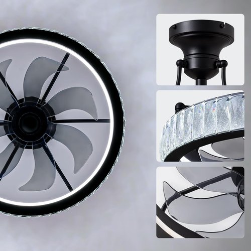 CROSSIO 20" Crystal Chandelier Black Ceiling Fan with Light Fandelier Ceiling Fan with Light Modern Chandelier Fan 6 Wind Speeds LED Fandelier with APP&Remote Control for Bedroom Living Room Kitchen