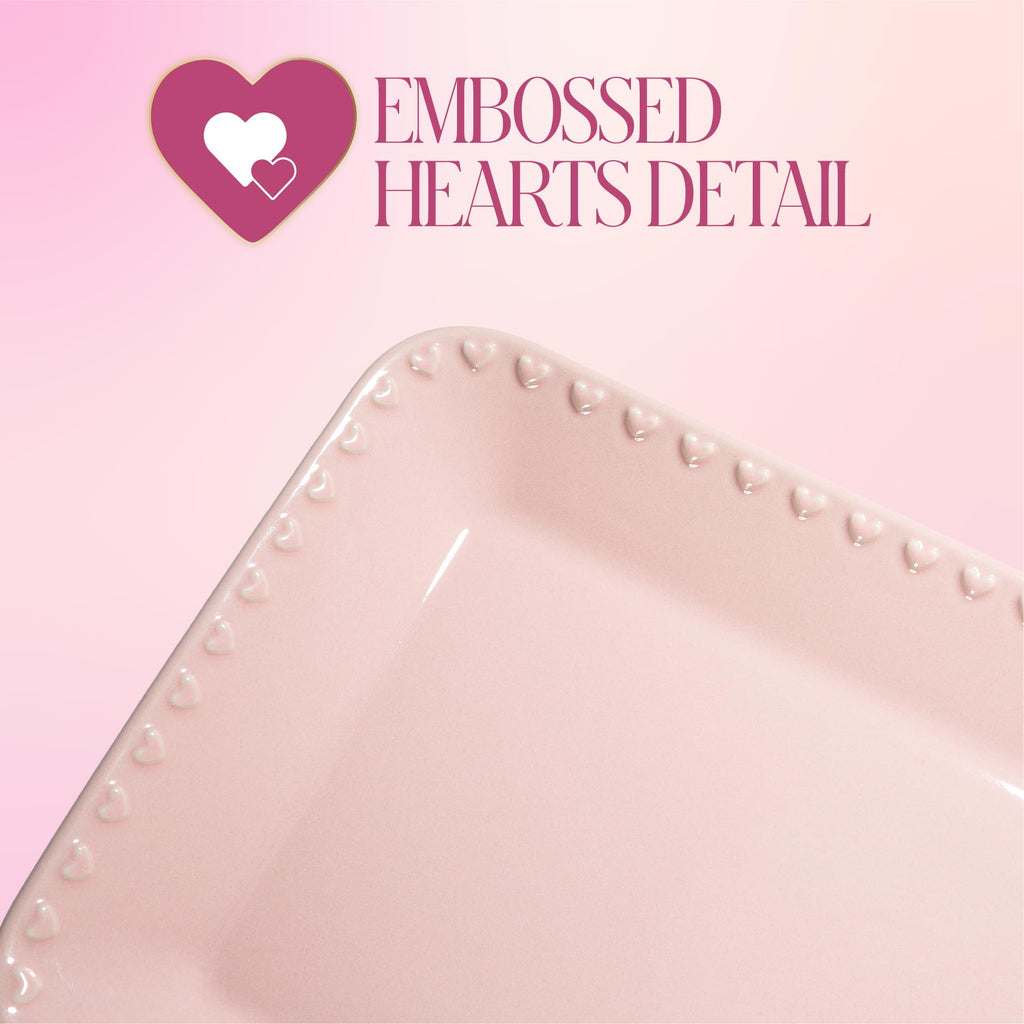 Paris Hilton Rectangle Ceramic Stoneware Serving Platter Tray, Embossed Hearts, Microwave Safe, 15x8-Inch, Pink