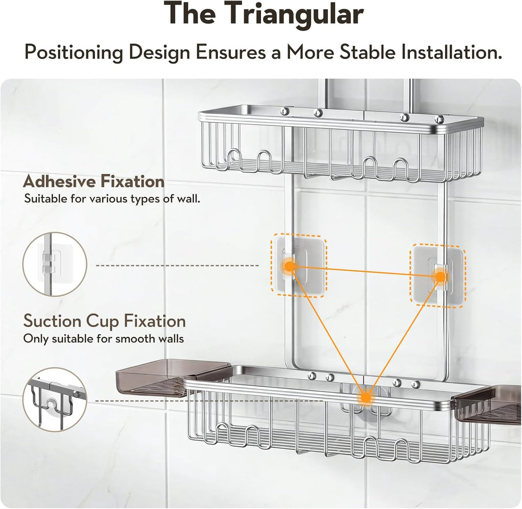 Skiennix Shower Caddy - Rust-Free Aluminum Organizer with Hooks & Soap Holder - Bright Silver
