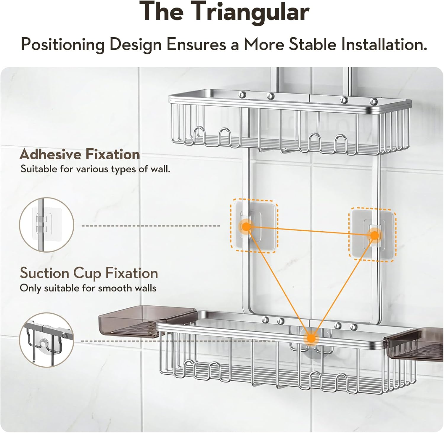 Skiennix Shower Caddy - Rust-Free Aluminum Organizer with Hooks & Soap Holder - Bright Silver
