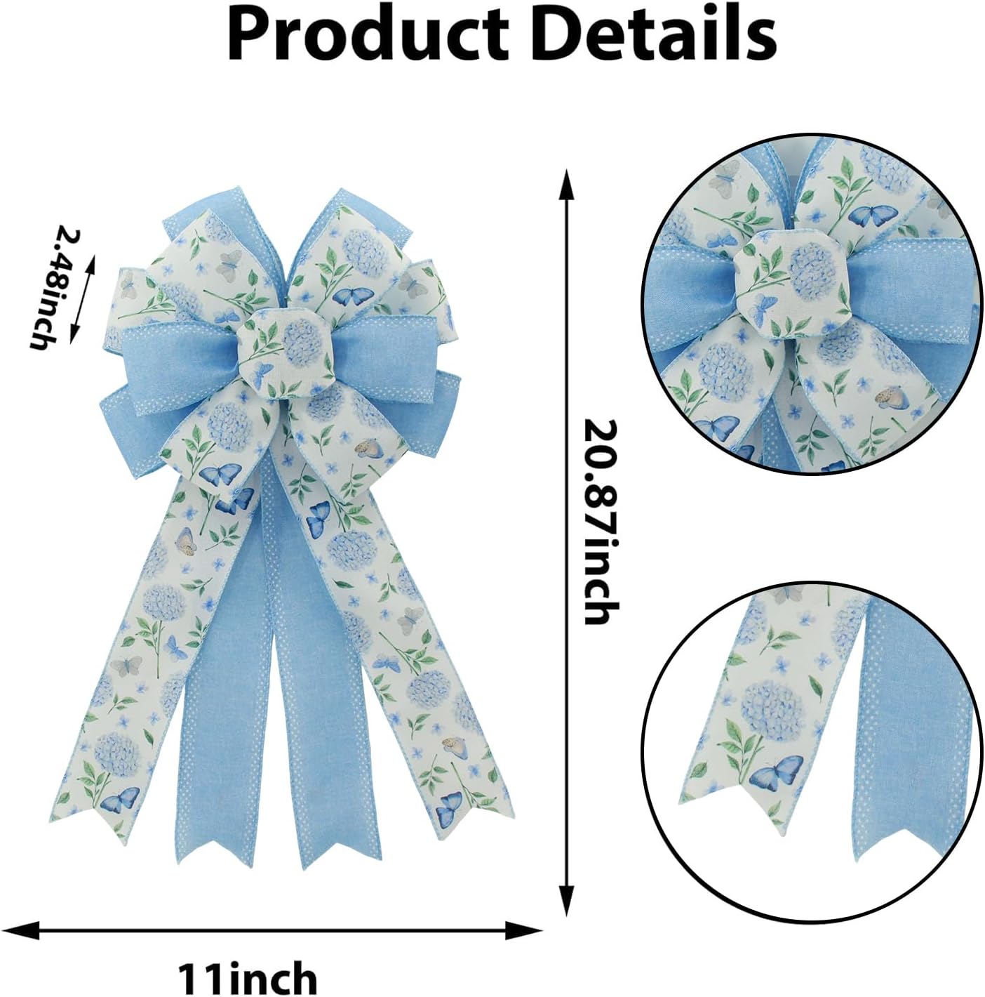 Skiennix 20.87-Inch Large Spring Bows - Blue Hydrangea & Butterfly Burlap Ribbon for Easter Decor | Indoor/Outdoor Use