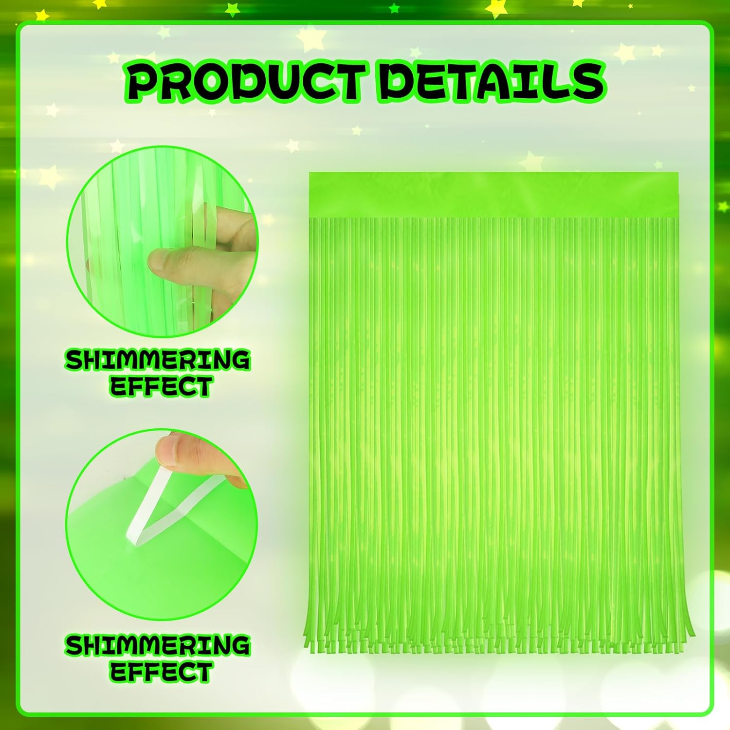 Skiennix Glow In The Dark Curtains - 4 Pack Tinsel Foil Fringe Backdrop for Neon Party Decor | 6.6 x 3.3 Ft