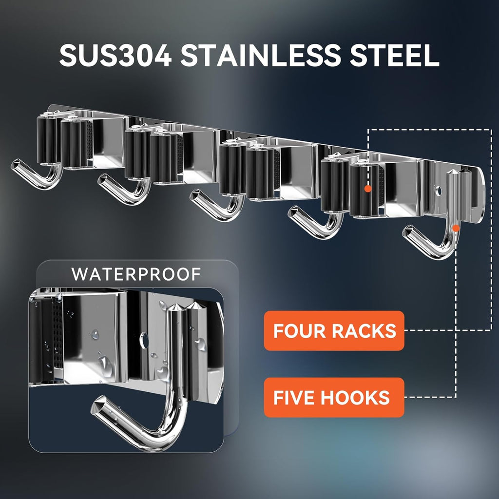 ZONGOOL Mop Broom Holder Wall Mount - 2 Pack with 4 Racks & 5 Hooks | Stainless Steel Organizer for Home & Garage