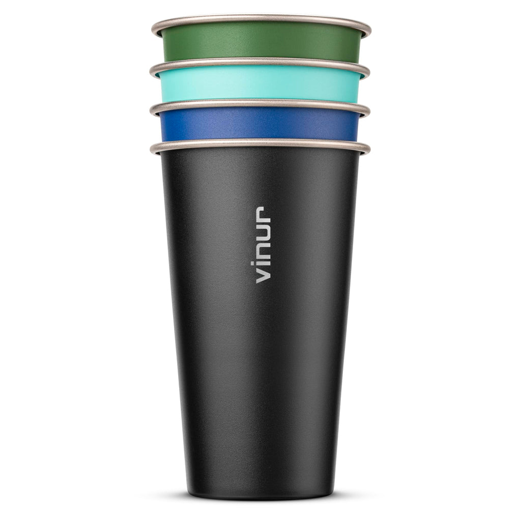 VINUR 4 Pack Stainless Steel Cups 20 oz Pint Tumbler Stackable Metal Drinking Glasses for Travel, Camping, Outdoors (Green-Black-Teal-Navy)