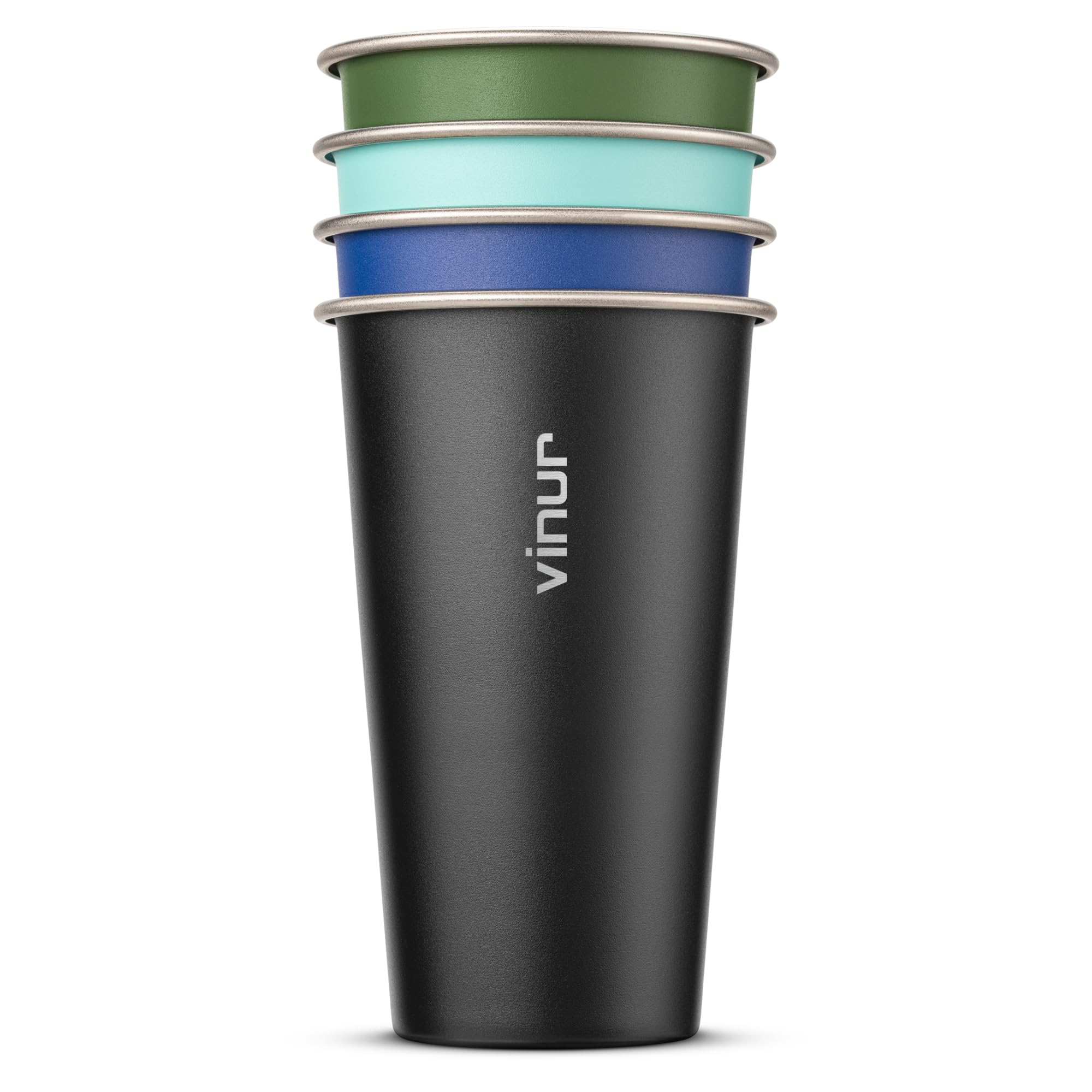 VINUR 4 Pack Stainless Steel Cups 20 oz Pint Tumbler Stackable Metal Drinking Glasses for Travel, Camping, Outdoors (Green-Black-Teal-Navy)