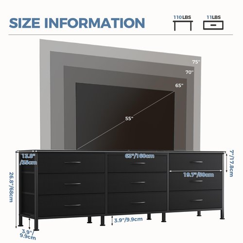 DUMOS TV Stands for Living Room Furniture with 9 Fabric Drawers, Long Entertainment Center Up to 75 Inch TV, Media Console Table with Storage for Bedroom, Adjustable Feet, Black