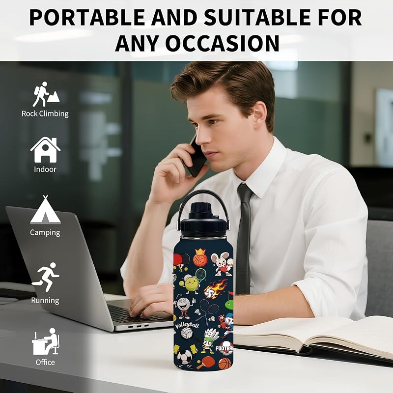 Ball-Shaped 32oz Insulated Water Bottle, Leak-Proof Stainless Steel, Soccer/Football Style