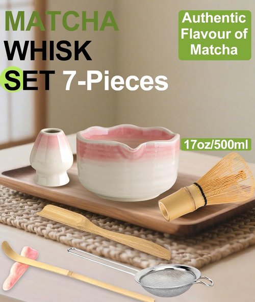 JBER Matcha Whisk Set - 7PCS Ceramic Matcha Kit with Bowl, Bamboo Whisk, Sifter & Spoon | Gradient Pink
