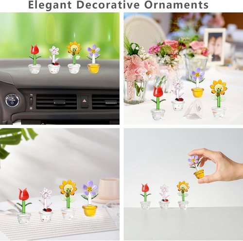 LONGWIN Mini Crystal Flower Figurines - Hand Blown Glass Spring Bouquet | 4pcs Collectible Home Decor Gift