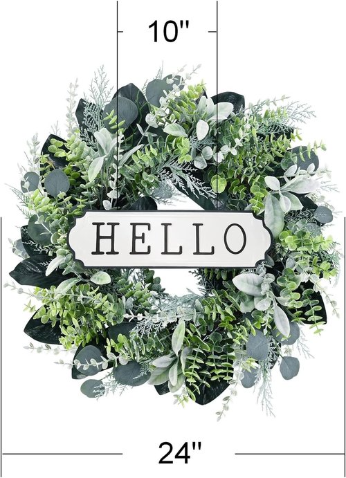 Hello 24-Inch Boxwood Wreath - Farmhouse Eucalyptus & Flocked Lamb's Ear for Front Door Decor