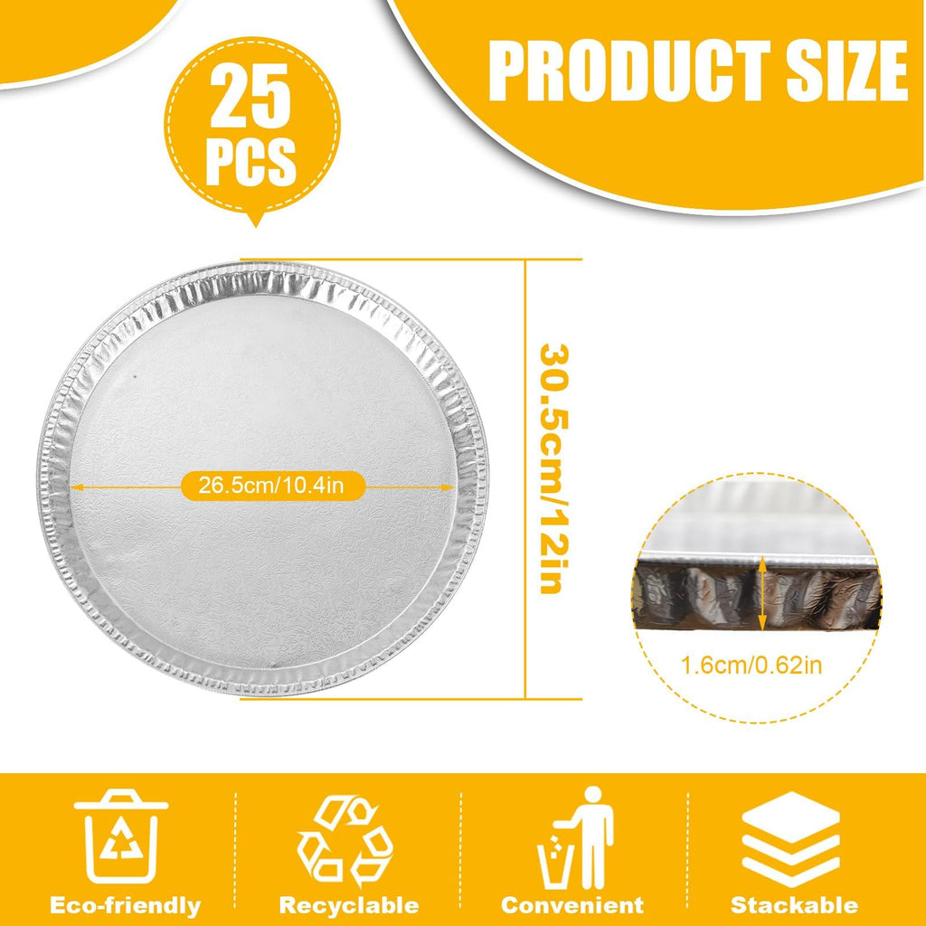 WOPPLXY 25 Pack Disposable Aluminium Foil Serving Trays, 12 Inch Round Aluminum Foil Pans, Disposable Round Foil Pizza Pans for Pizzas, Vegetable, Fruit, Cake, Cookies