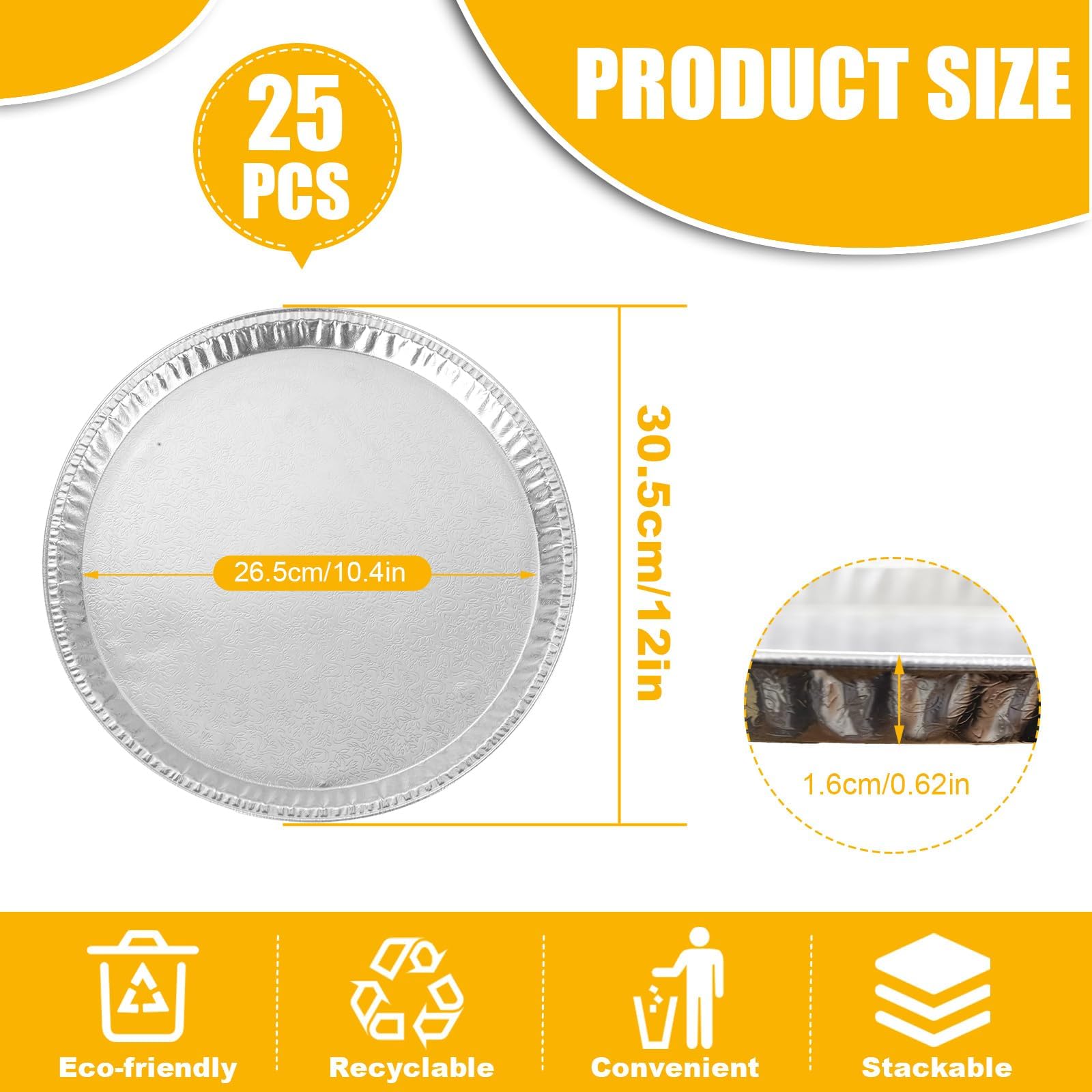 WOPPLXY 25 Pack Disposable Aluminium Foil Serving Trays, 12 Inch Round Aluminum Foil Pans, Disposable Round Foil Pizza Pans for Pizzas, Vegetable, Fruit, Cake, Cookies