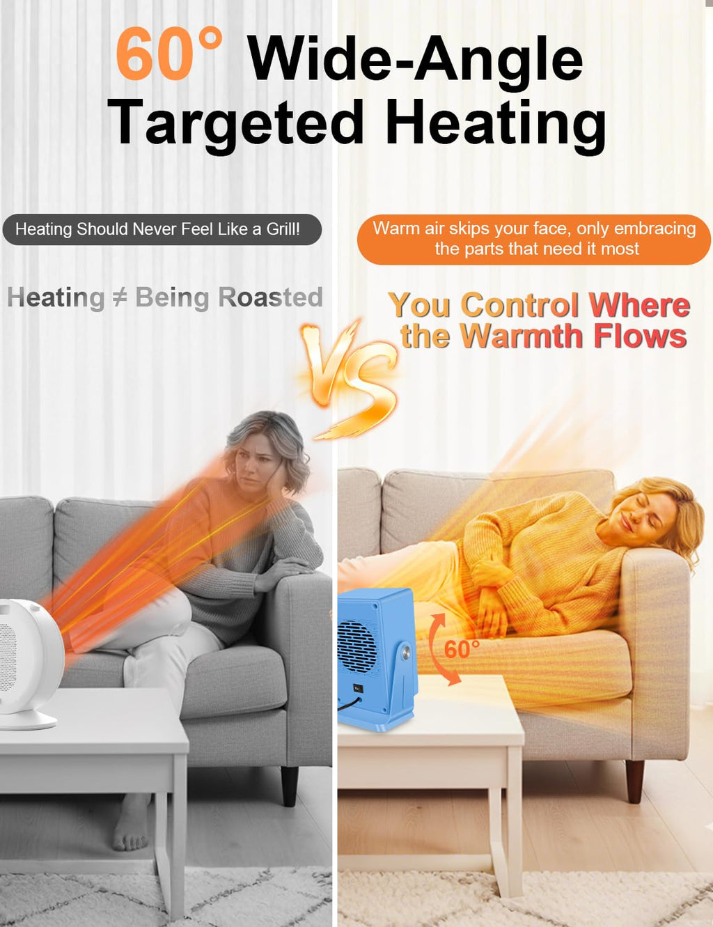 Verminget Portable Space Heater for Indoor Use,Desktop Heater with PTC 2s Fast Heating, 60° Adjustable Angle Design Small Electric Heater Lightweight for Personal, Office,Room,Blue
