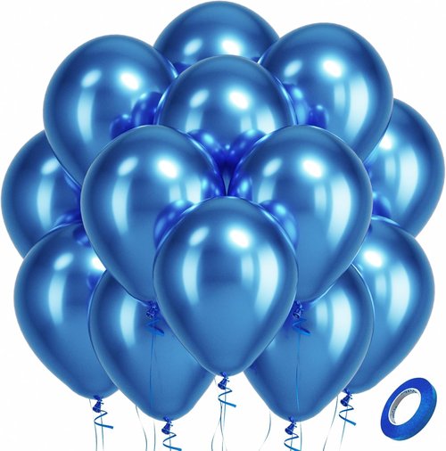 Bezente Metallic Blue Latex Balloons - 100 Pack of 12-Inch Chrome Blue Helium Balloons for Celebrations