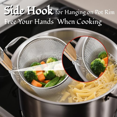 ZAVOOS 4 Pack Pasta Strainer, 5.5''D x 6''H Large Stainless Steel Mesh Spider Noodle Basket with Wood Handle, Fine Kitchen Food Skimmer Cooker for Spaghetti, Dumpling Boiling, Rinsing, Blanching