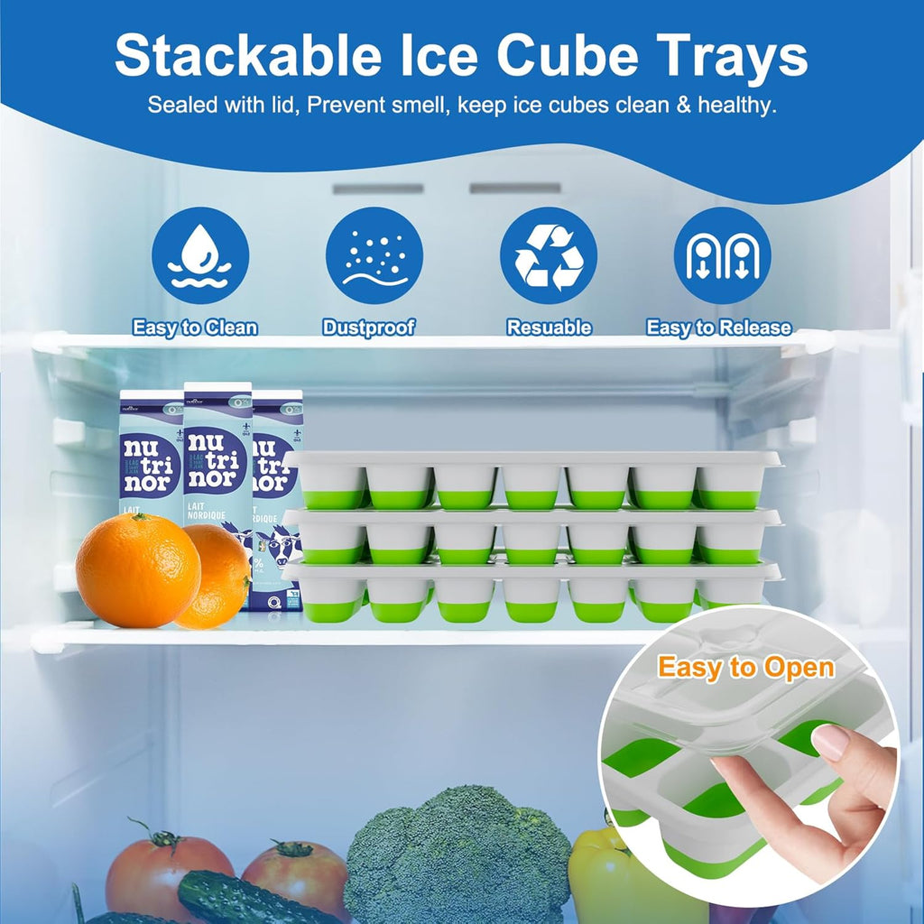 Skiennix Ice Cube Tray - Easy-Release Silicone Ice Cube Molds with Lids | Stackable 3-Pack, BPA-Free