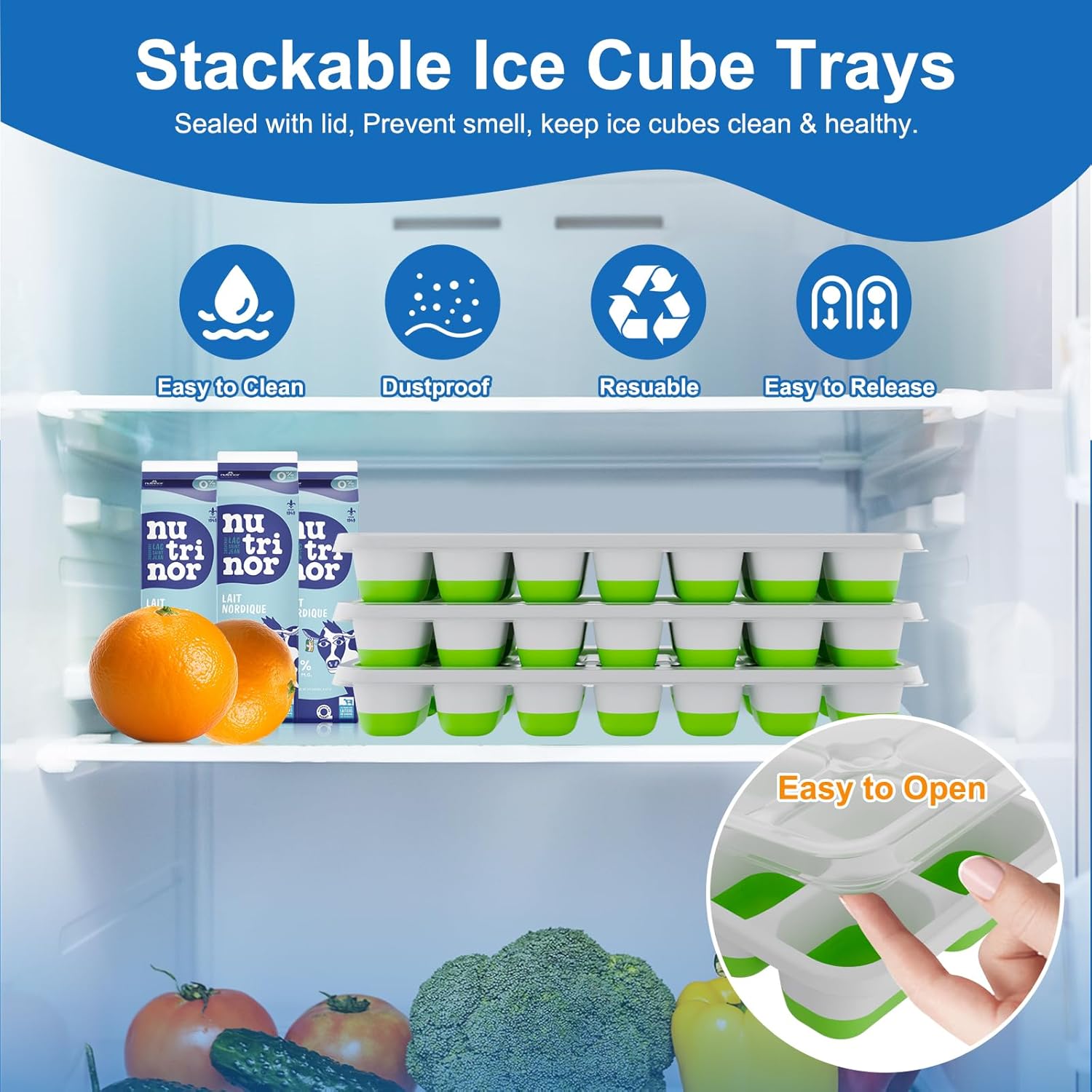 Skiennix Ice Cube Tray - Easy-Release Silicone Ice Cube Molds with Lids | Stackable 3-Pack, BPA-Free