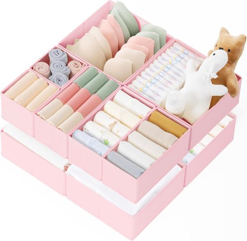 Criusia Drawer Organizer - 10 Pack Dresser Storage Bins for Baby Clothes & Underwear | Foldable Pink Dividers