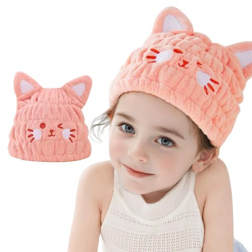 LCBD Microfiber Hair Towel Wrap for Kids, Pink Cat Dry Hair Cap Suck Water, Absorbent Quick Girls Boys Hair Drying Towel, Lightweight Bouncy Hat Headscarf