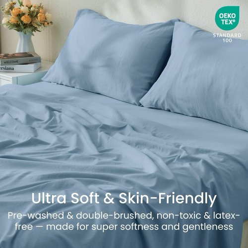 GOKOTTA 4-Pcs King Size Sheets Set, 10-16" Deep Pocket, Non-Slip Elastic Corner Straps, Washed & Brushed Microfiber Polyester - Hotel Luxury, Ultra Soft, Breathable, Wrinkle-Free, Anti-Rip -Dusty Blue