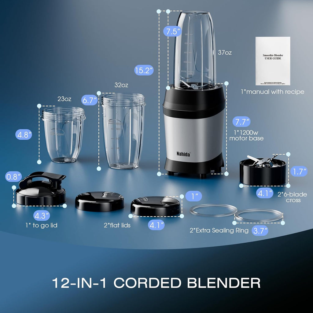 Nahida Blender - 1200W Smoothie Blender for Ice Crushing | Personal Blenders with 2 Six-Fin Blades & Easy Go Cups (23oz, 32oz, 37oz) - Silver