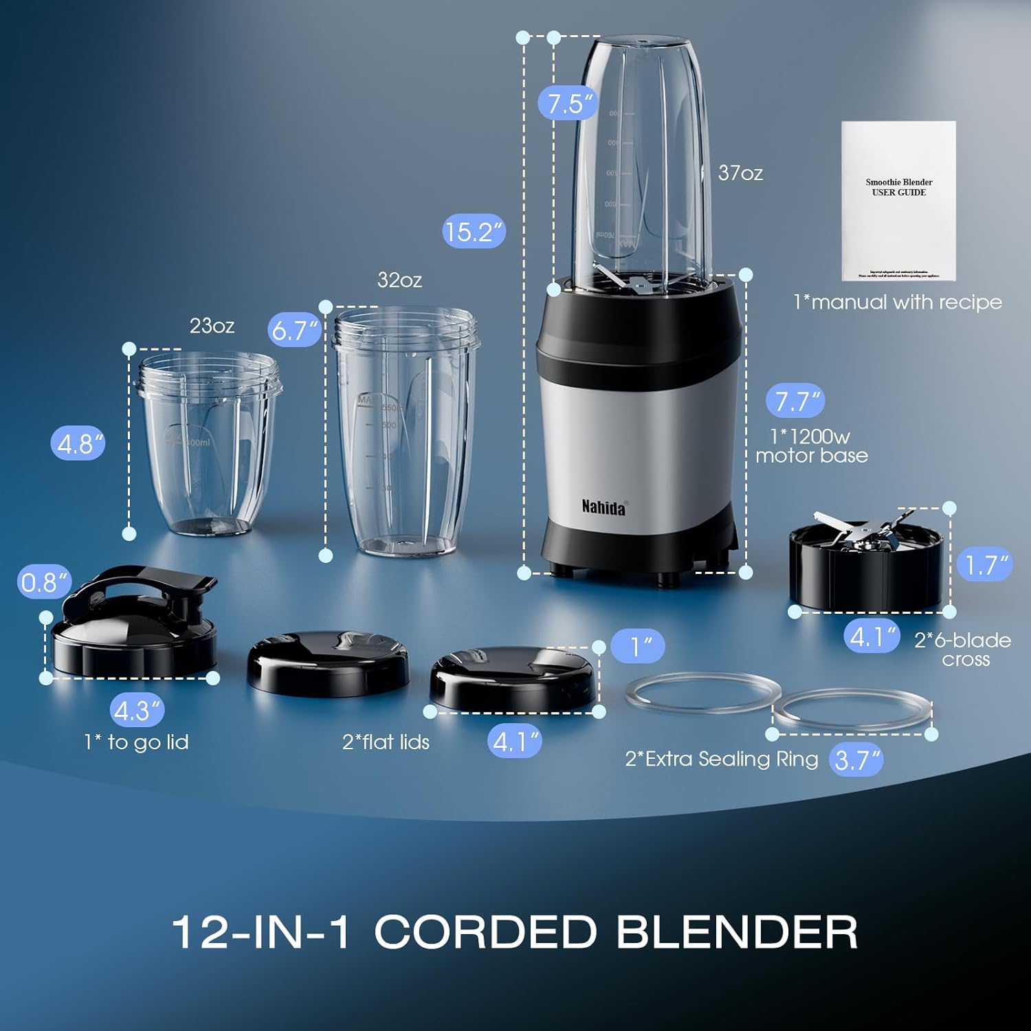 Nahida Blender - 1200W Smoothie Blender for Ice Crushing | Personal Blenders with 2 Six-Fin Blades & Easy Go Cups (23oz, 32oz, 37oz) - Silver
