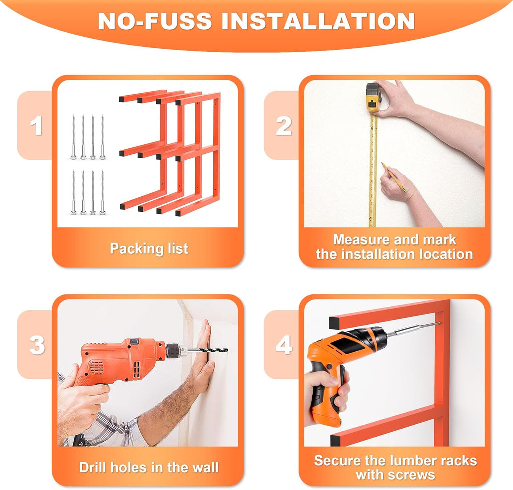 Ultrawall Lumber Storage Rack - Heavy-Duty Wall-Mounted Wood Organizer | Holds 220 LBS Per Level (Pack of 4, Orange)