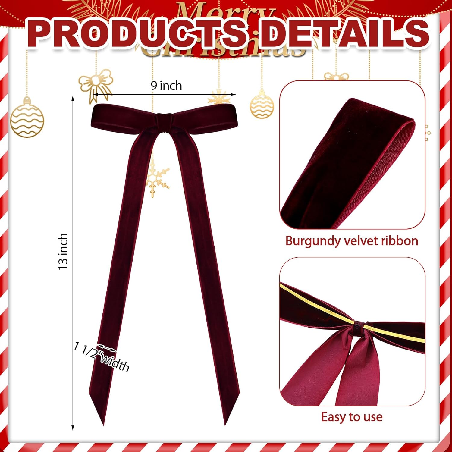 Skiennix 24 Pcs Velvet Bows - Vintage Ribbon Decorations for Christmas Tree & Crafts | Burgundy, 9 x 13 Inch