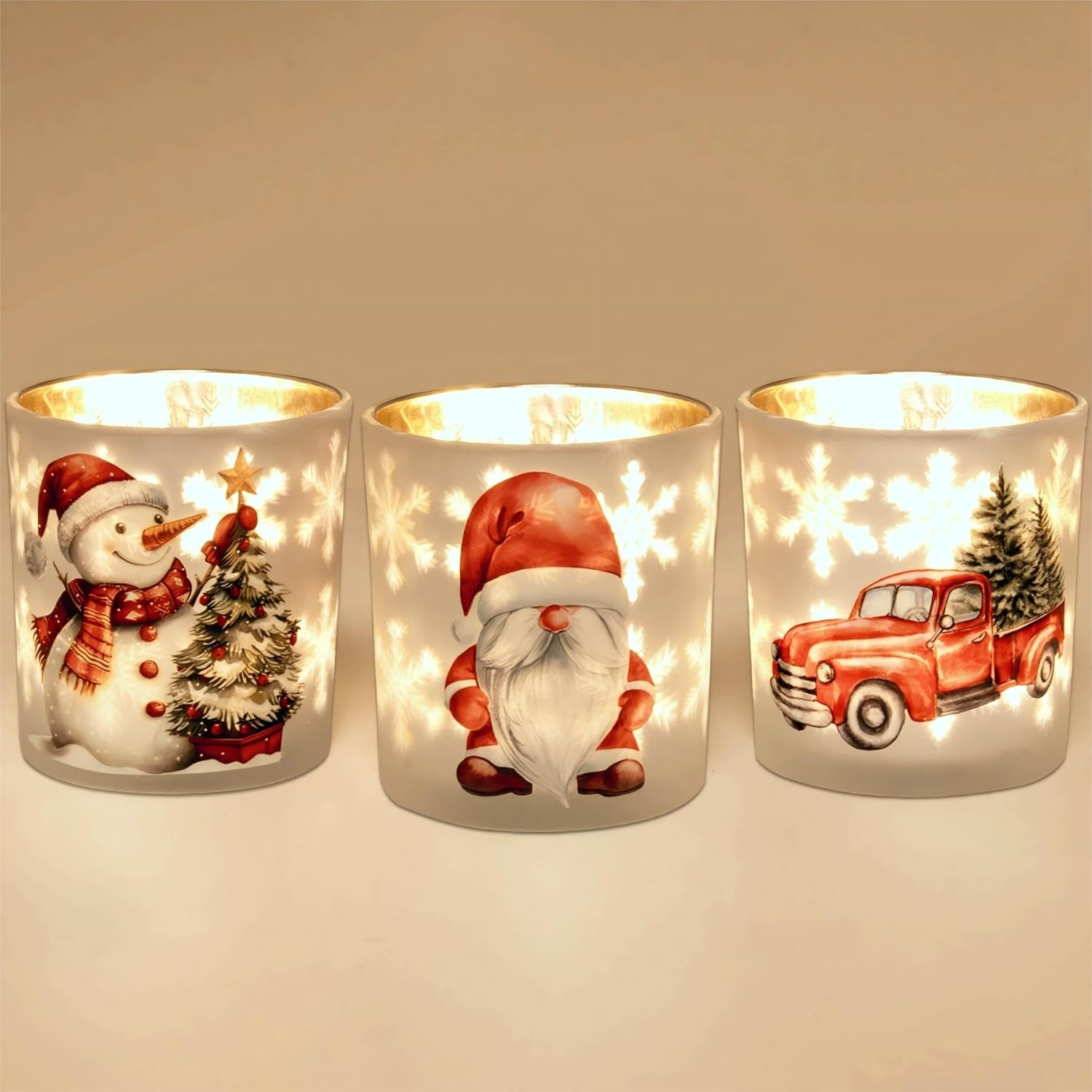 Regine Switzerland Christmas Votive Candle Holders - Set of 3 White, Gold & Red Glass for Holiday Decor | Gnome, Truck & Snowman Designs