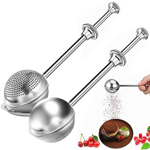 2Pcs Flour Sifter for Baking, Powdered Sugar Shaker Duster for Sourdough Bread, One-hand Operation Sugar Dispenser with Stainless Steel, Pick Up and Dust Flour Sifter
