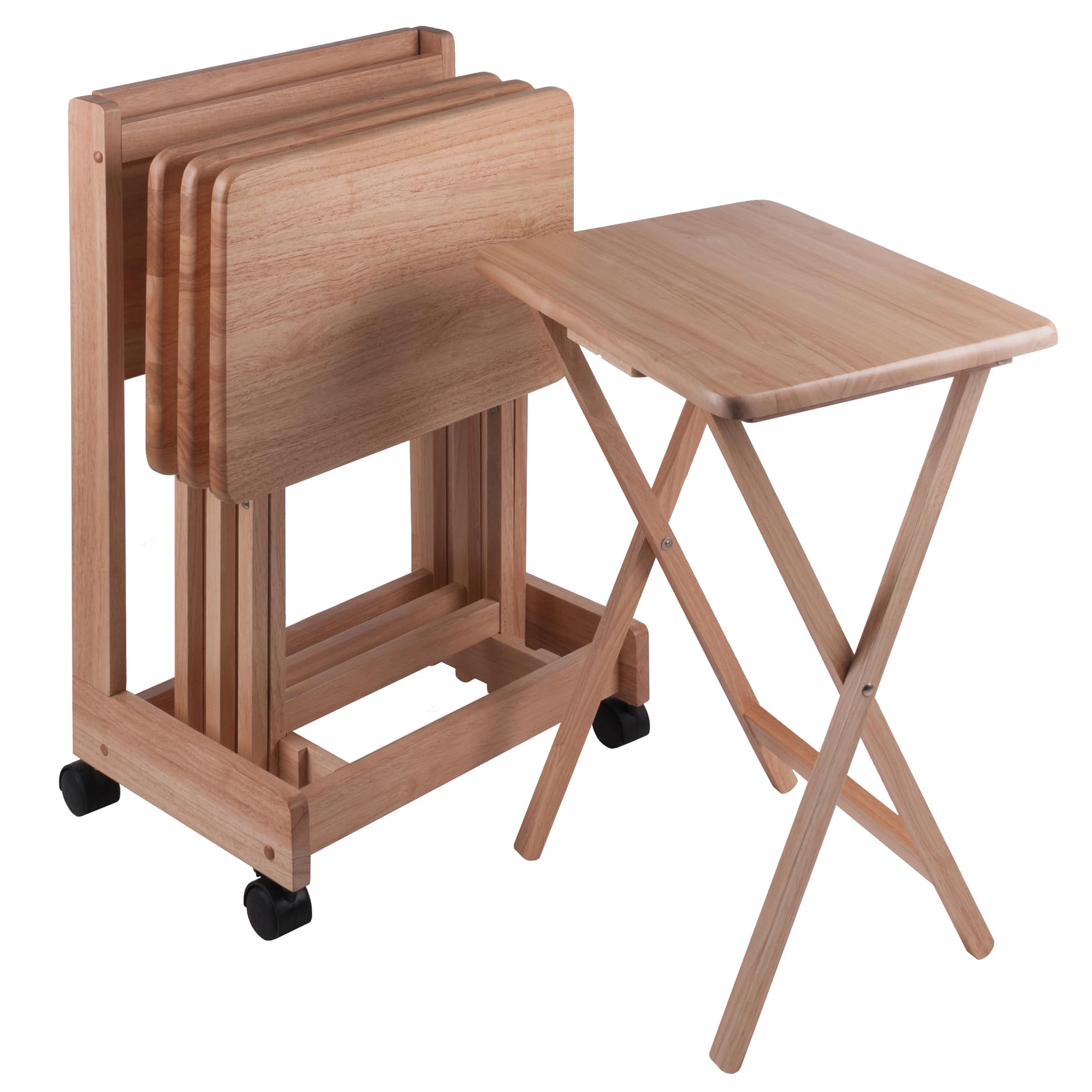 Winsome Brienda Snack Table Set with Mobile Serving Cart, for Living Room, Patio, 32", Natural, Set of 4 Tables