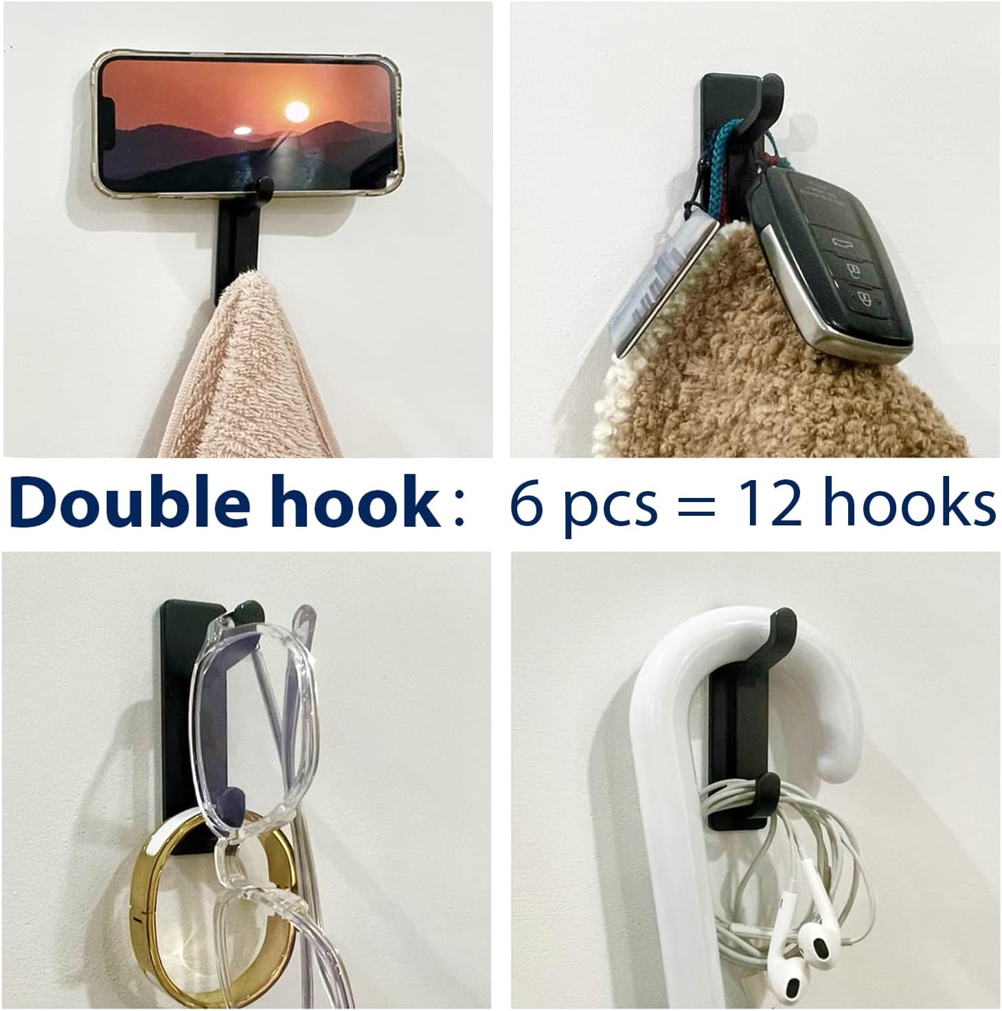 Pickpiff Wall Hooks - Strong Adhesive Coat & Towel Hangers | 13LB Capacity, Black, 6 Pack