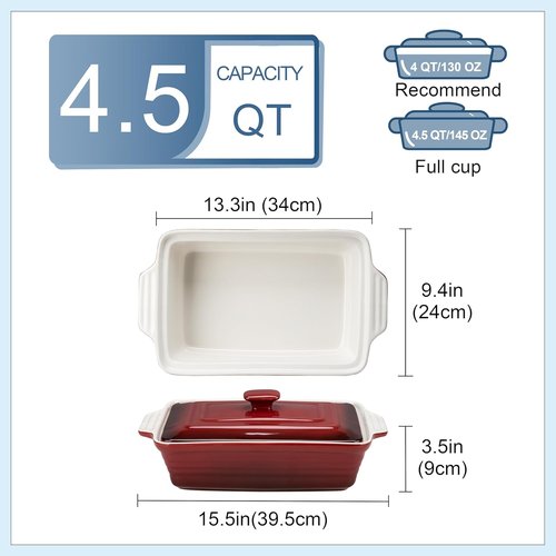 LOVECASA 4.5 Quart Ceramic Casserole Dish - Oven & Dishwasher Safe Lasagna Pan with Lid | Gradient Red