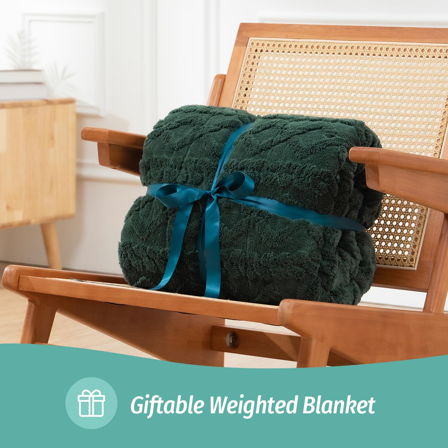 Wemore Weighted Blanket for Adults Twin Size 15 lbs, Dual Sided Soft Fuzzy Jacquard Sherpa Weighted Blankets for Sleeping, Cozy Fluffy Knitted Heavy Blanket for Couch Bed, Dark Green, 60 x 80 inches