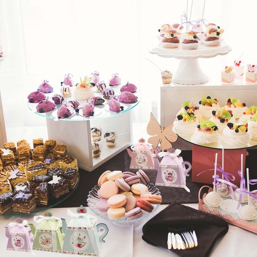 GRSECPO 12 Pack Elegant Floral Tea Party Favor Boxes (Manual fold, 3.3"x3.3"x4.1"), Table Decor, Wedding, Tea Party Treat Bags for Candy, Cookies, Small Gifts