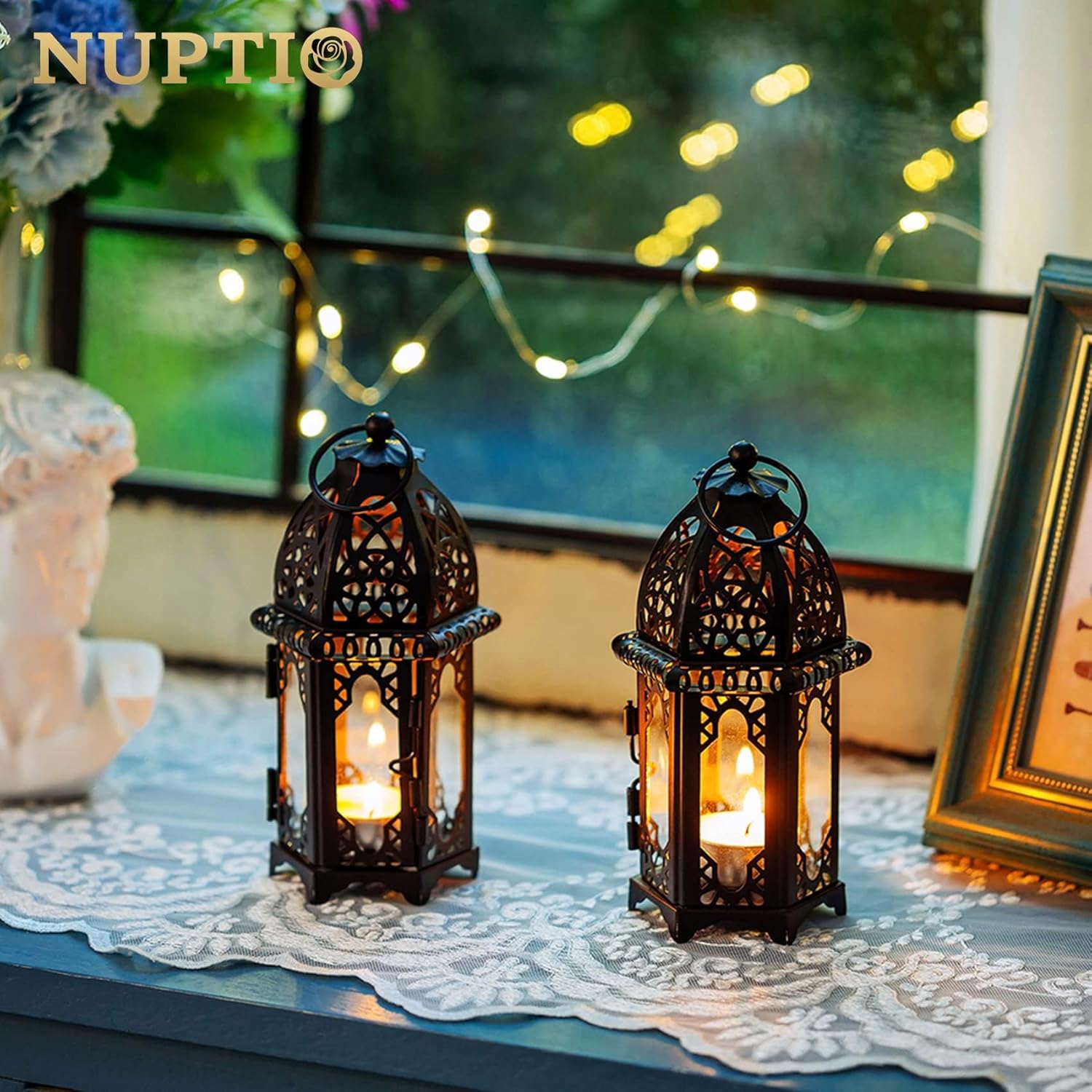 NUPTIO Moroccan Style Candle Lantern - Small Tealight Holder with Transparent Glass Panels | 2 Pcs, Black