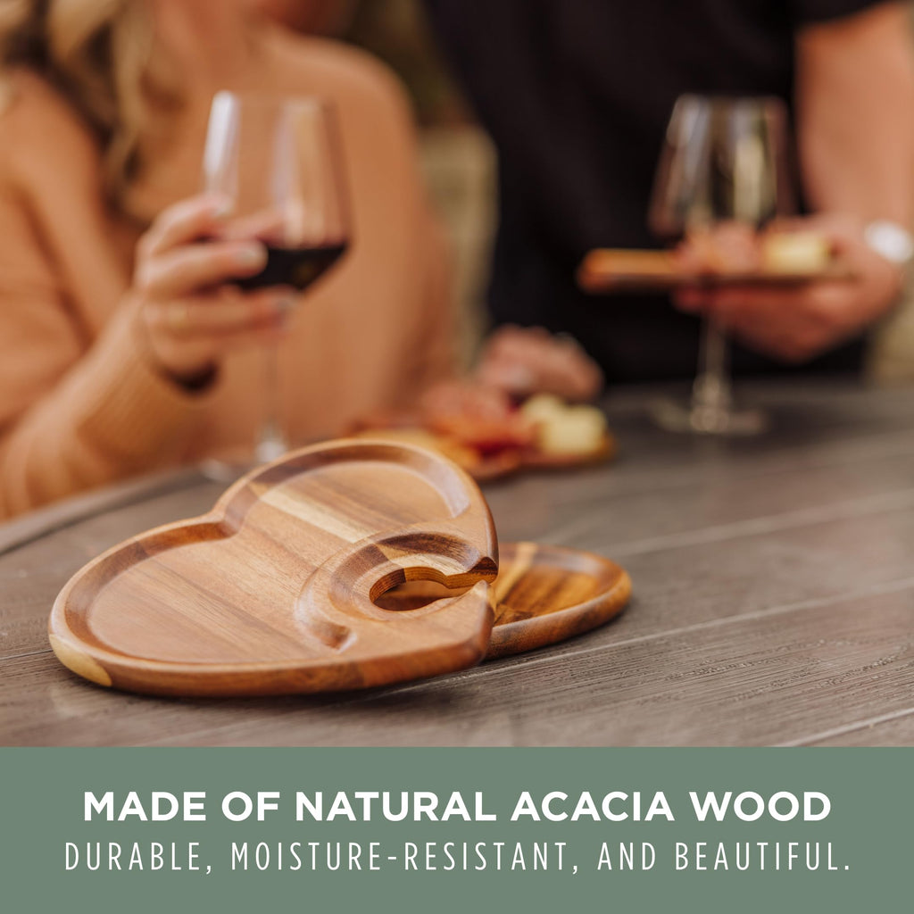 PICNIC TIME Heart Wine Appetizer Plates, Set of 4 Wooden Cocktail Plates with Glass Holder, Mini Charcuterie Boards for Wine and Cheese Parties, Acacia Cheese Board Serving Trays (Acacia Wood)