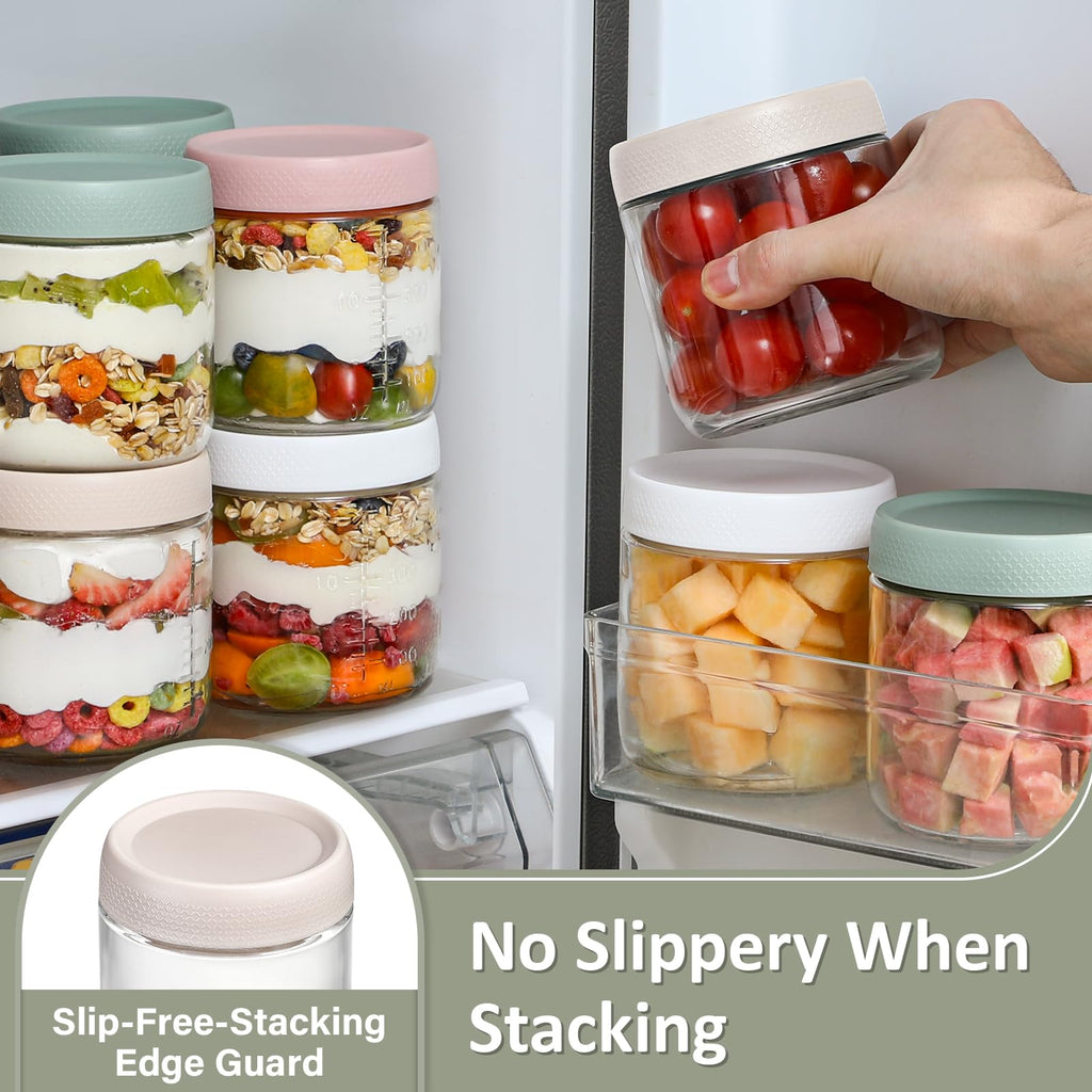 POIKSHARK 4-Pack Overnight Oats Containers with Lids,16 OZ Wide Mouth Glass Jars with Airtight Lids, Mason Jars Glass Food Containers for Snack Spice Sugar Food Prep Yogurt