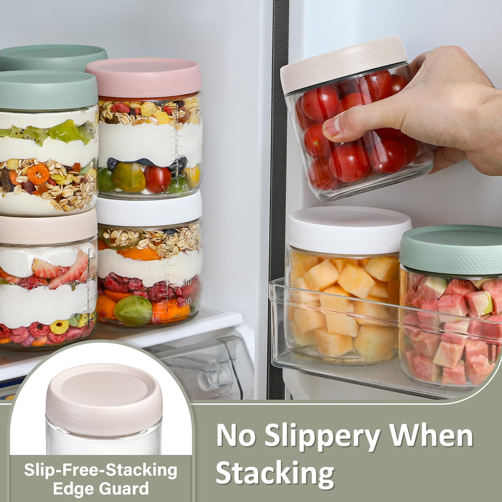 POIKSHARK 4-Pack Overnight Oats Containers with Lids,16 OZ Wide Mouth Glass Jars with Airtight Lids, Mason Jars Glass Food Containers for Snack Spice Sugar Food Prep Yogurt