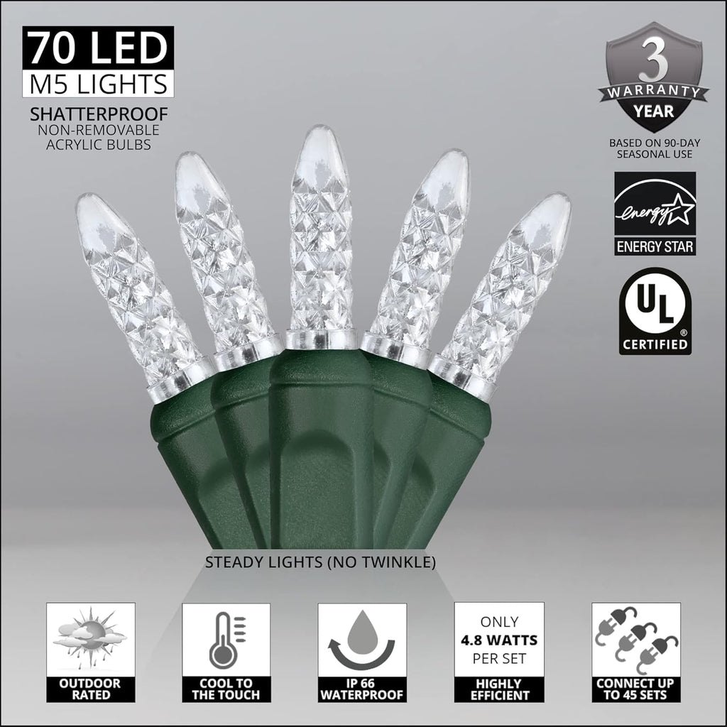 Skiennix 24 Ft M5 LED Christmas Lights - 70 Count Cool White Mini String for Indoor/Outdoor Use