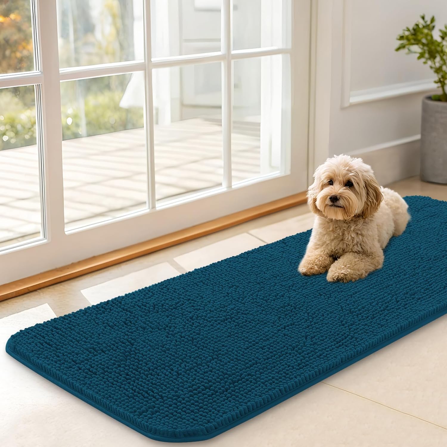 OLANLY Dog Door Mat - Absorbent Non-Slip Washable Doormat for Muddy Paws | 47x17, Atlantic Blue
