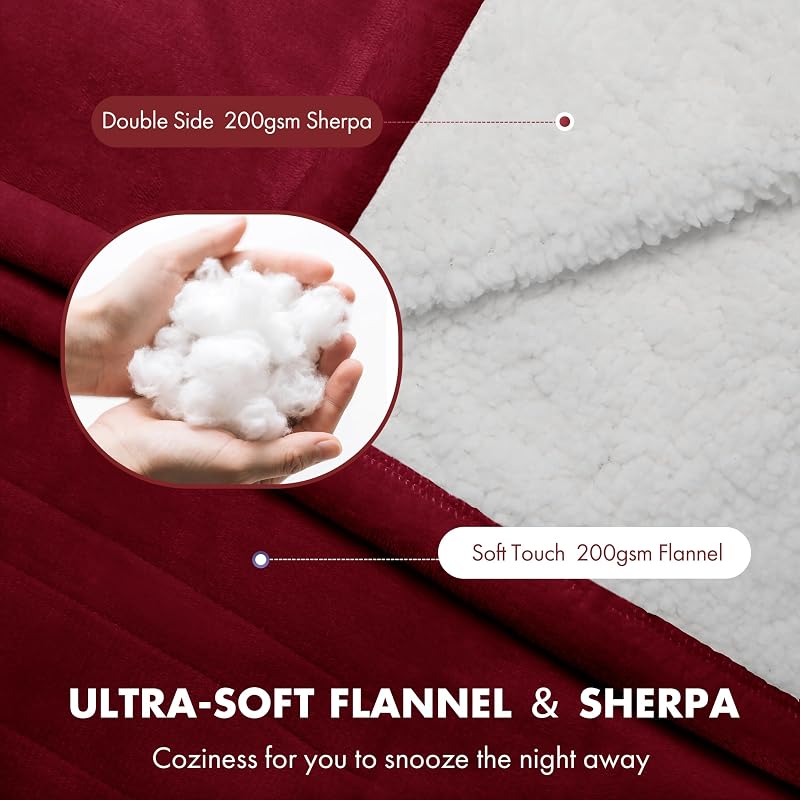 Electric Heated Throw Blanket Red 50" x 60" Flannel Sherpa - 5 Heating Levels, ETL