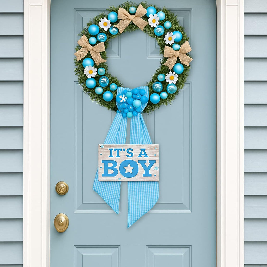 Skiennix Blue Gingham Wreath Sash - 5.12" Wide x 54.33" for Baby Shower & Summer Decor