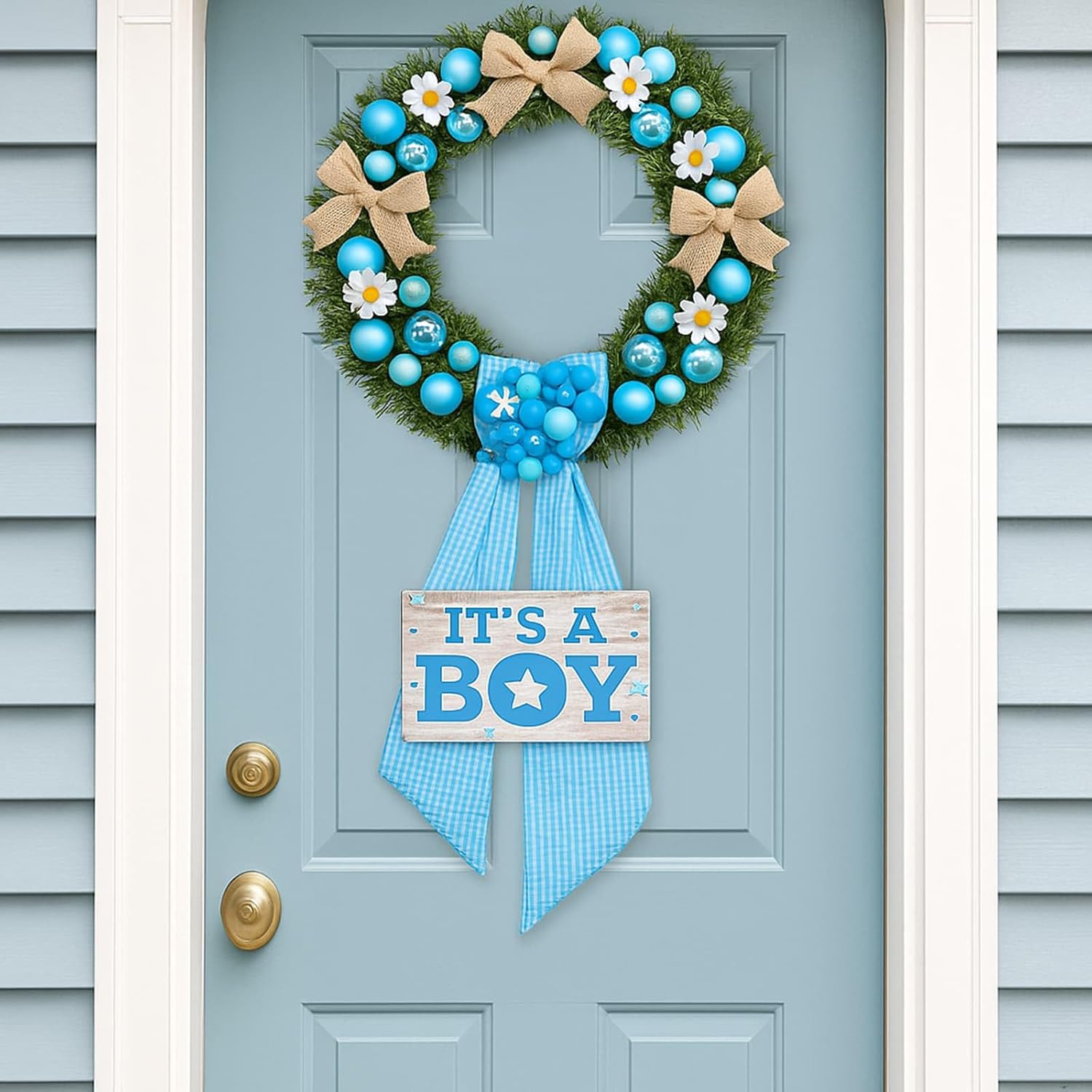 Skiennix Blue Gingham Wreath Sash - 5.12" Wide x 54.33" for Baby Shower & Summer Decor