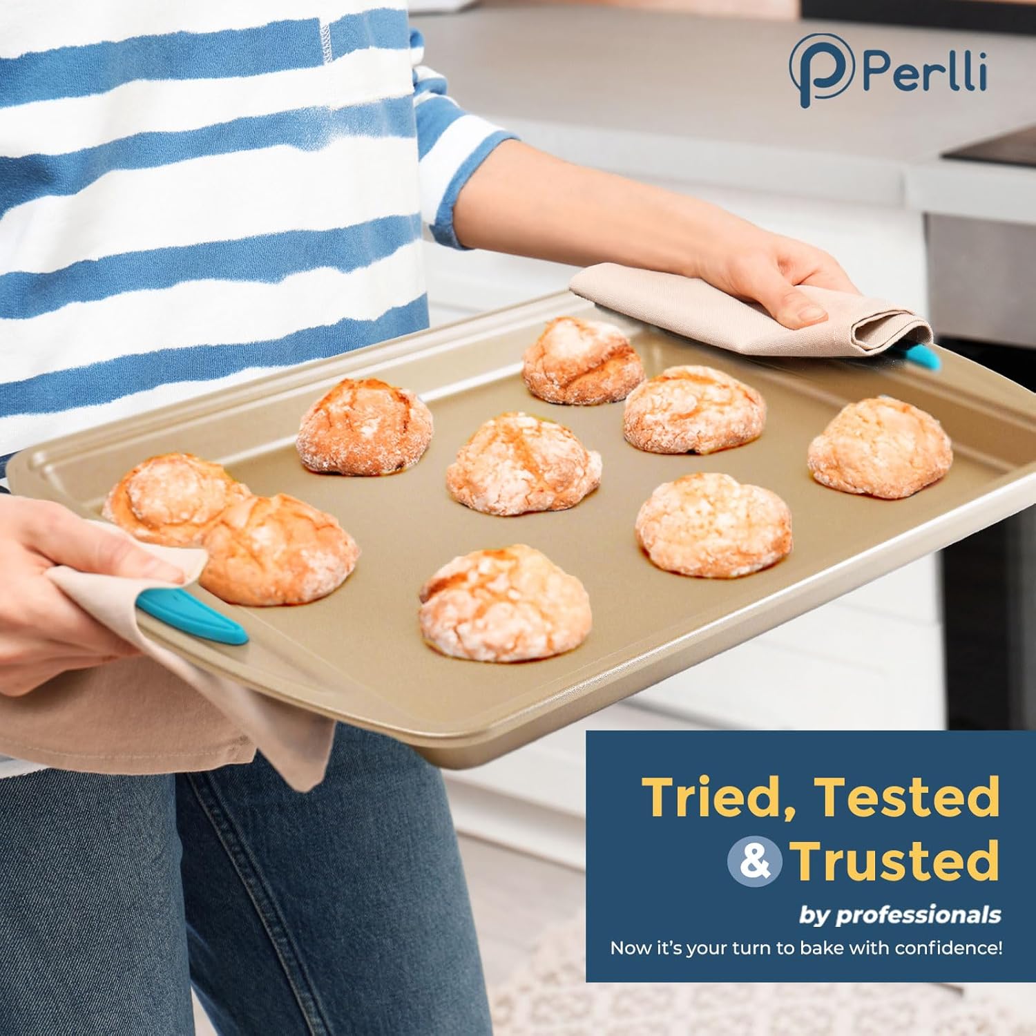 Perlli Nonstick Baking Kit - 6-Piece Gold Steel Oven Set with Silicone Handles | Round, Loaf, Square Pans & More