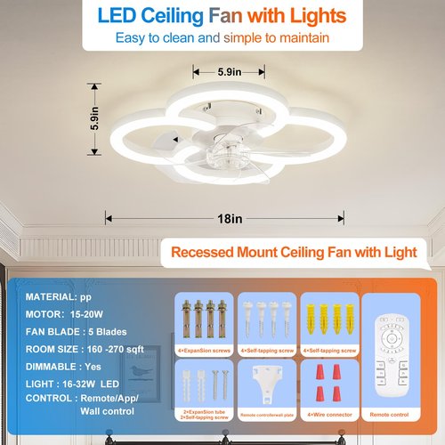 FTZVRD Low Profile Ceiling Fans with Lights and Remote, Fandelier Ceiling Fan Flush Mount, 3000K-6500K Smart 5 Blades LED Fan Light, Small Ceiling Fans with Lights for Bedroom, Kitchen